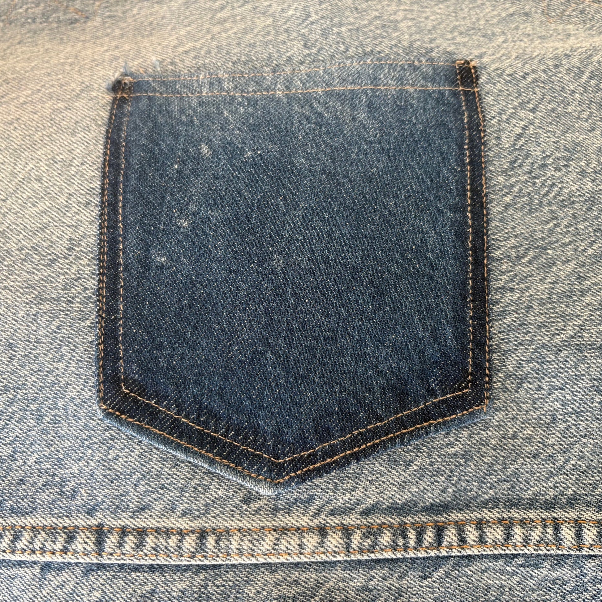 Close-up of a blue denim pocket on a jeans fabric.