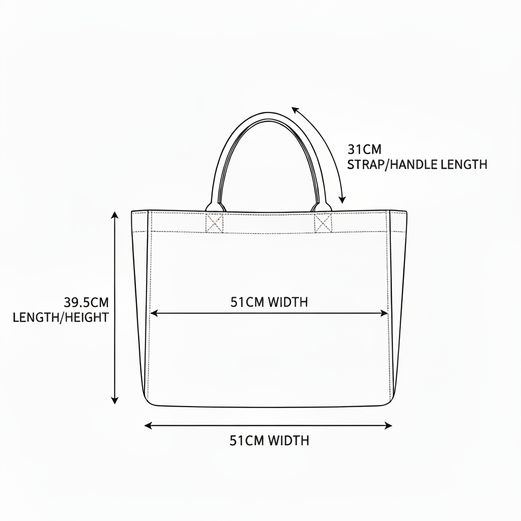 Sizing diagram - 51.5cm width, 39.5cm length, 31cm strap