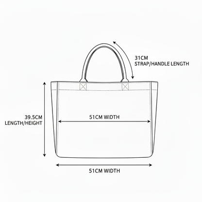 Sizing diagram - 51.5cm width, 39.5cm length, 31cm strap